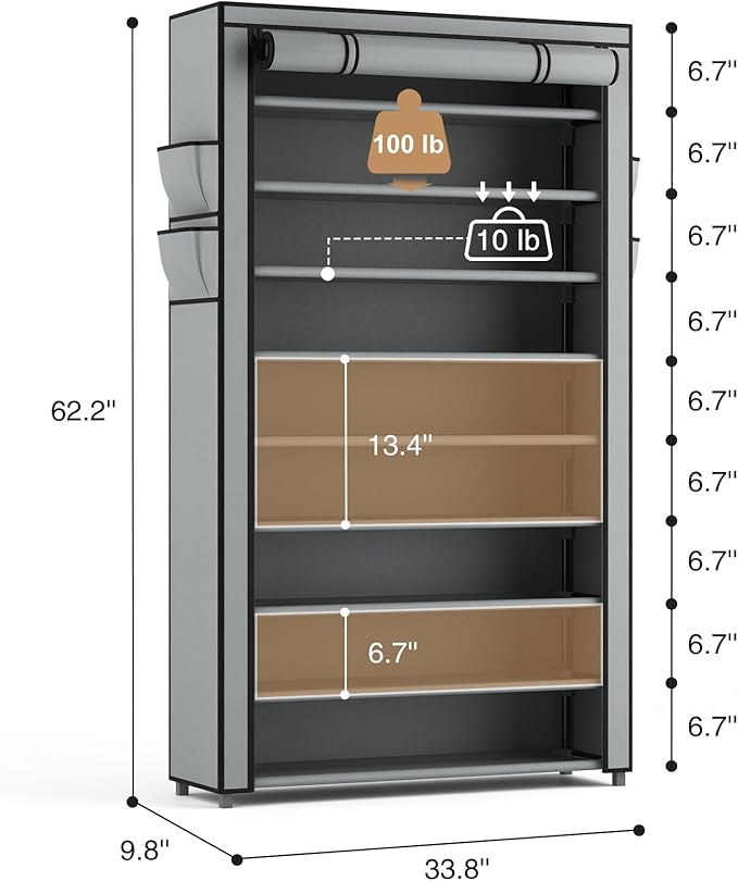 Shoe Rack with Covers 10 Tier Tall Shoe Rack Organizer Large Capacity Shoe Shelf Storage 40 Pairs Space Saving Free Standing Shoe Storage Organizer for Closet, Entryway, Dorm, Grey