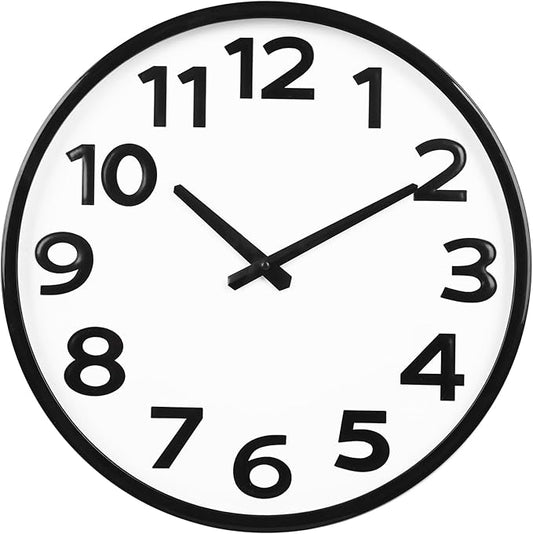 16 Inch Wall Clock Battery Operated Modern Simple Large Wall Clocks for Living Room Kitchen Office, Black/White, Big 3D Numbers