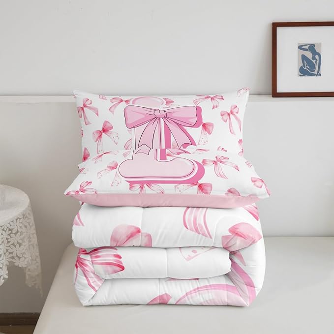 jejeloiu Kids Girls Cute Pink Bow Comforter Set King Size Personalized Initial L Bedding Set Ultra Soft Monogrammed Duvet Quilt Coquette Bow Knot Quilt Set Room Decor Modern Fashion Comforter