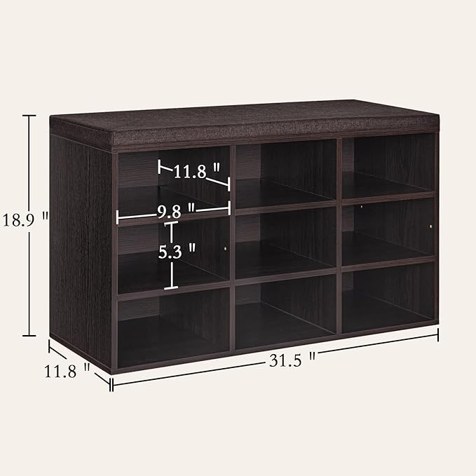DINZI LVJ Shoe Bench, 9 Cubbies Shoe Organizer for Entryway, Storage Bench with Cushion, Cubby Shoe Rack with Adjustable Shelves for Living Room, Bedroom, Mudroom, Hallway, Espresso