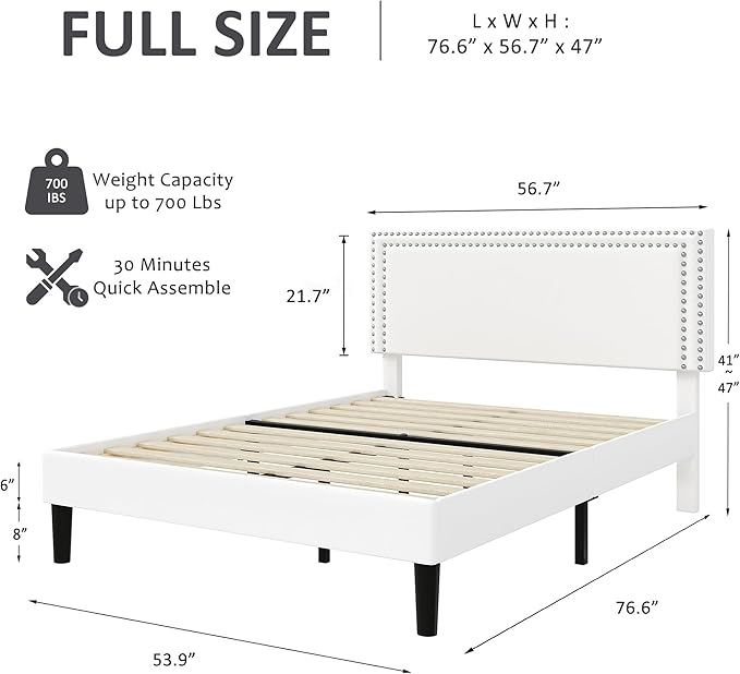 VECELO Full Size Bed Frame with Adjustable Upholstered Headboard, Wooden Slats Platform, Noise-Free Design, No Box Spring Needed, Easy Assembly