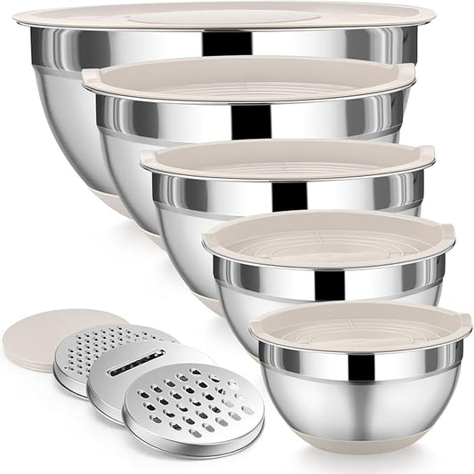 P&P CHEF Mixing Bowl with Lid Set, 5 Piece Stainless Steel Mixing Nesting Bowls for Salad Storage, 3 Grater Attachments & Non-Slip Bottoms, Size 1/1.5/2 / 2.6/4.6 QT, Khaki