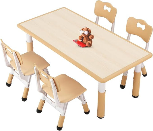 FUNLIO Kids Table and 4 Chairs Set for Ages 3-8, Height Adjustable Toddler Table and Chair Set, Easy to Wipe Arts & Crafts Table, for Classrooms/Daycares/Homes, CPC & CE Approved (5 pcs Set) - Natural