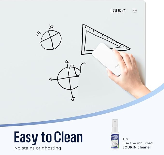 Loukin Glass Whiteboard for Wall, Magnetic Dry Erase Glass Board, Framless Surface White Board for Office, School, Dry Erase Whiteboard Set Includes Cleaner & Eraser & Marker (36" x 48")