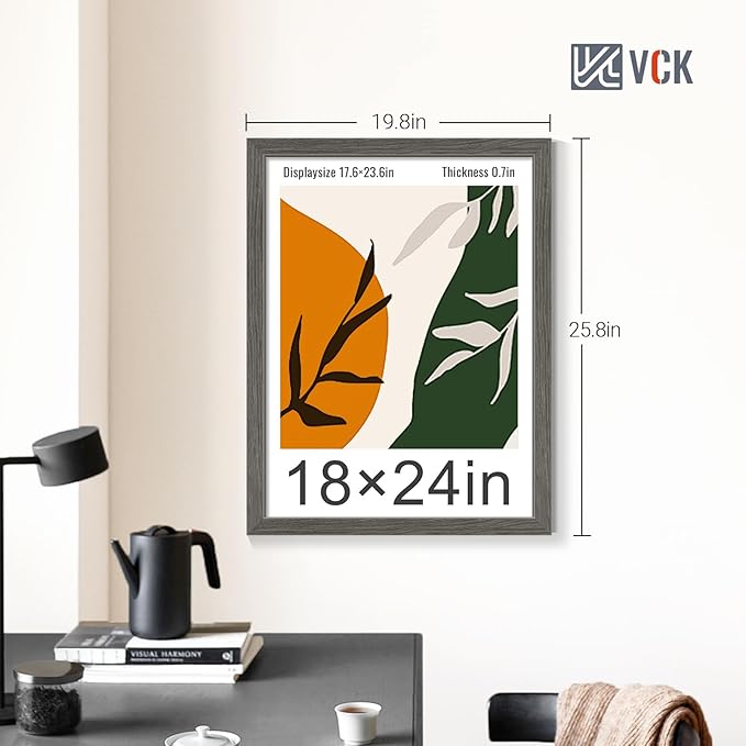 VCK 18x24 Poster Frame Set of 4 - Grey, Gallery-Quality Wood Picture Frames, 1.1-Inch Wide Border, Polished Plexiglass, Vertical or Horizontal Wall Display for Photo/Art/Prints, Grey
