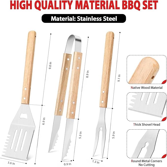 BBQ Grill Tools Set Stainless Steel, BBQ Grilling Accessories with Wood Handles, Barbecue Grill Utensils for Outdoor, Ideal BBQ Tools Gift for Grilling Lover. (3B)