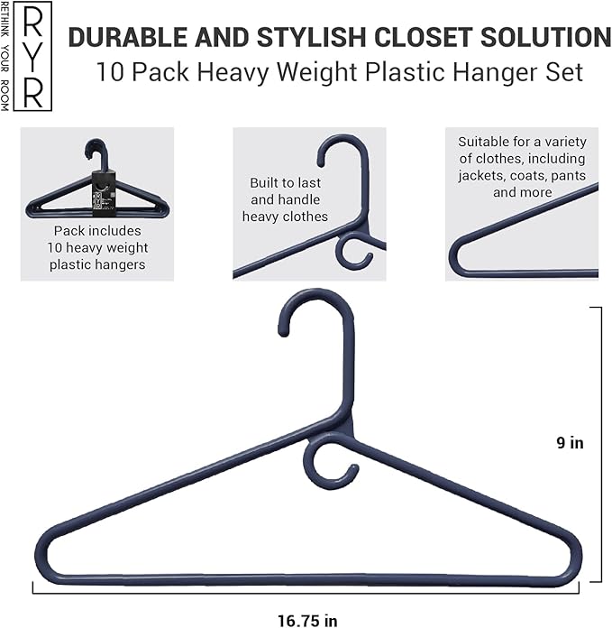 Clothes Hangers 10 Pack Plastic - Heavy Duty Space Saving Coat, Velvet Hangers, Pant Hangers for Closet Organization - Durable Non-Slip, Navy Wardrobe Essentials Bulk Storage