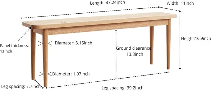 47.2'' Natural Rattan Dining Bench with 100% Solid Oak Wood Bench Frame, Bed End Shoe Ottoman for Kitchen Bedroom Entryway, Natural Oak