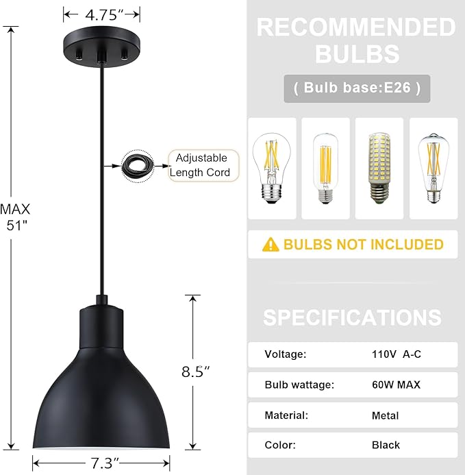 3 Pack 1 Light Industrial Hanging Indoor 7.3" Kitchen Island Pendant Ceiling Light Fixtures Black Finish,Drum Metal Shade for Bar Dining Room Living Room Over Sink