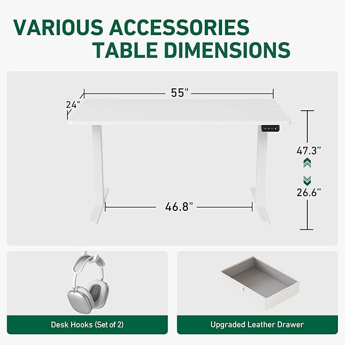 FEZIBO 55 x 24 Inches Standing Desk with Drawer, Adjustable Height Electric Stand up Desk with Storage, Sit Stand Home Office Desk, Ergonomic Computer Desk, White