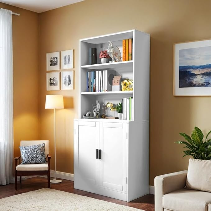 75" Tall Bookcase with Doors, 5 Tier Large Bookshelf with Cabinet, Standing Wood Display Book Shelf for Living Room, Office, Library with Doors, White