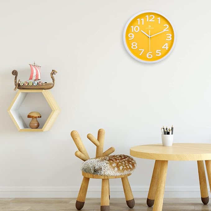 Lafocuse 12 Inch 3D Numbers Yellow Wall Clock for Living Room Decor, Modern Kitchen Wall Clock Battery Operated Silent Non-Ticking Bedroom Home Office