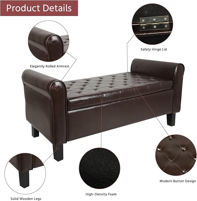 Storage Ottoman Bench with Arms, End of Bed Bench for Bedroom, Button Tufted for Entryway, Living Room,Hallway, Foot Rest (Brown)