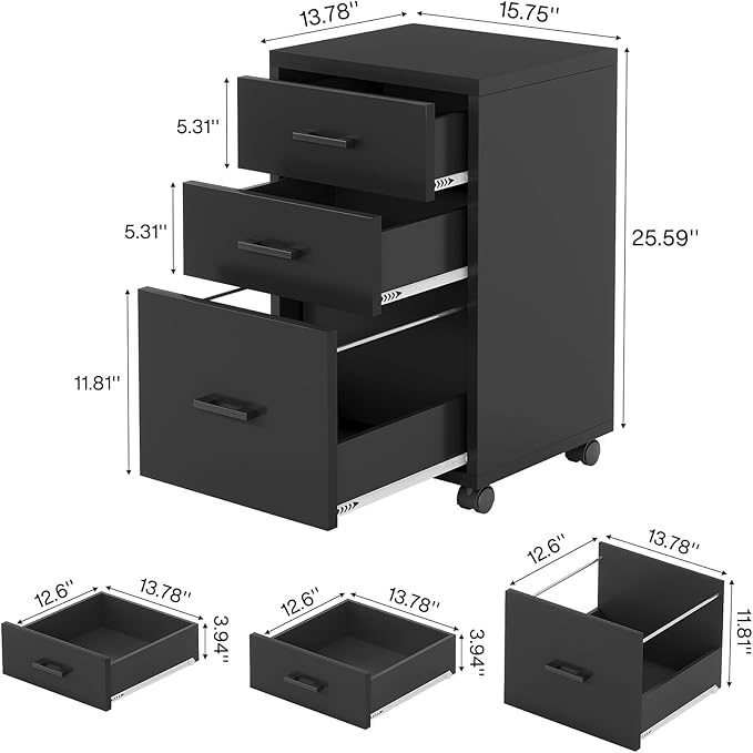 Triebsigns 3 Drawer File Cabinet, Wooden Office Filing Cabinet, Modern Rolling Printer Stand for Home Office, fits A4 or Letter Size, Under Desk, Black