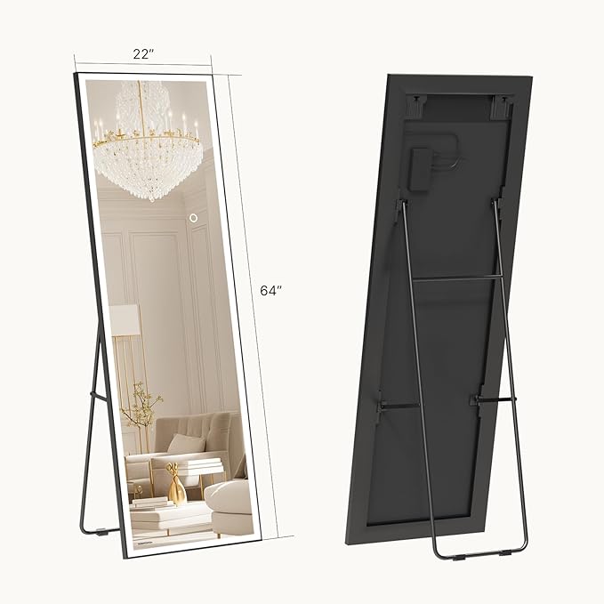 64x22 Full Length Mirror, Dimmable 3 Color LED Light w/Light Memory, Distortion Free Silver Coating Mirror, HD Reflection &Anti Desilvering,Tempered Glass &Shatter Proof Film Doubles Safety