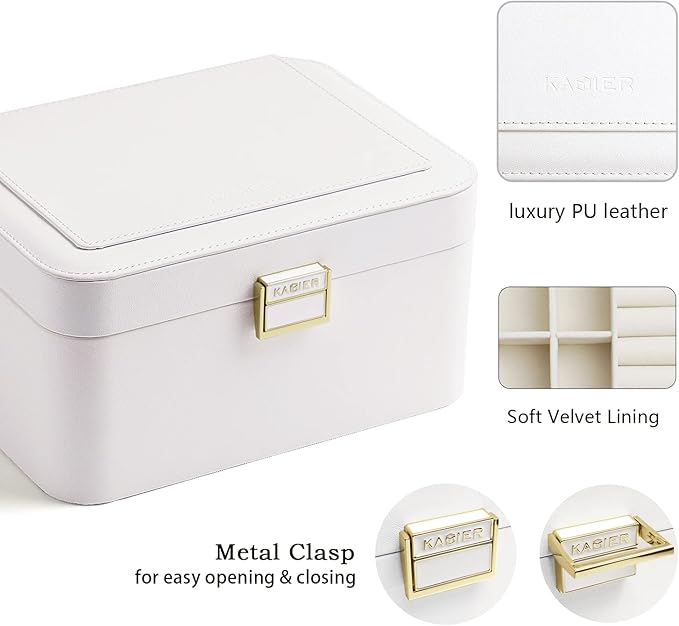 KAMIER Jewelry Box Organizer for Women,2 Layer Jewelry Organizer Boxes for Earrings Bracelets Rings Necklaces,Luxury Leather & Soft Velvet Lined,Gift Box Packaging, White