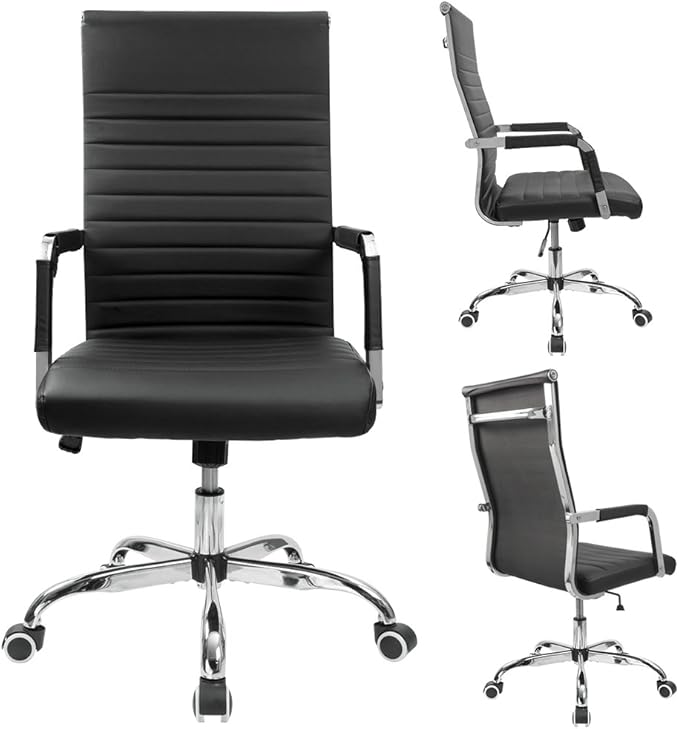 Furmax Ribbed Office Desk Chair Mid-Back PU Leather Executive Conference Task Chair Adjustable Swivel Chair with Arms (Black)