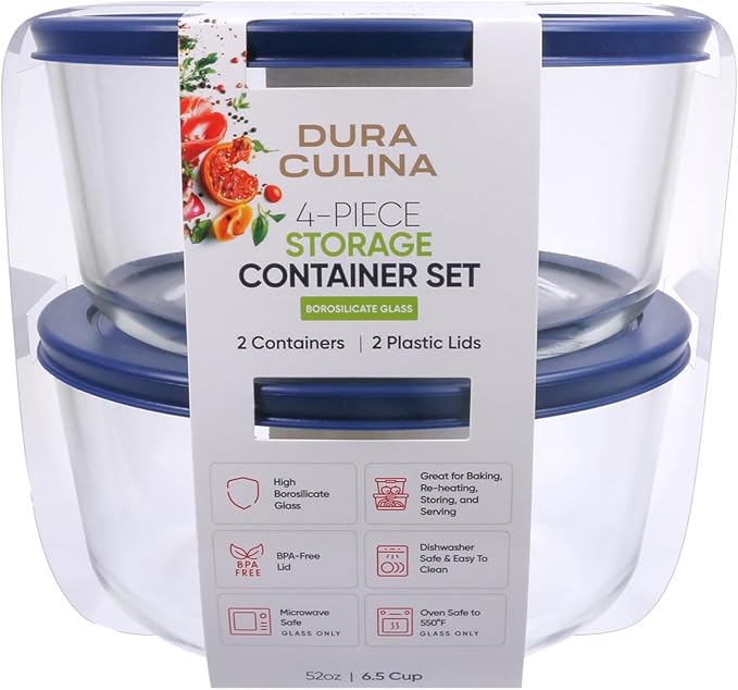 4-Piece Glass Food Storage Containers Set (2 Containers + 2 BPA-Free Lids) | 6.5-Cup, Leakproof | Microwave, Freezer, Oven & Dishwasher Safe | Ideal for Meal Prep & Pantry Organization, Blue
