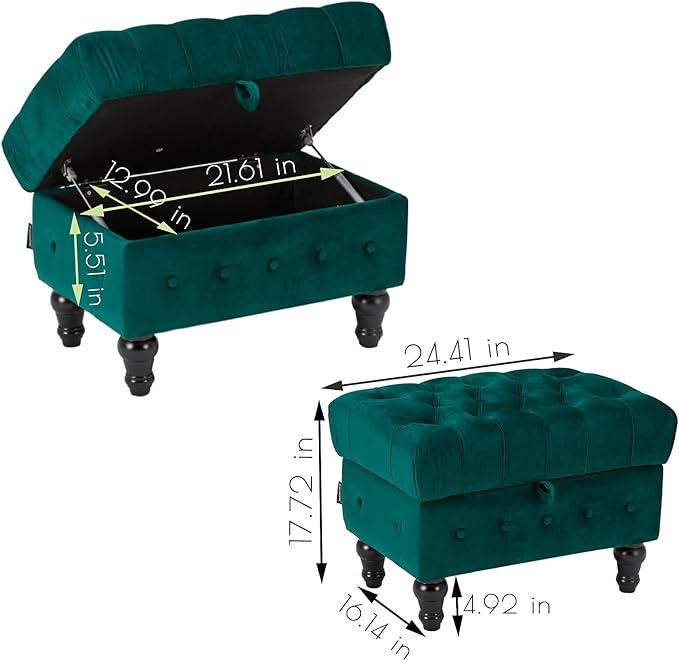 Artechworks Button Tufted Storage Ottoman, Velvet Upholstery Footstool Bed Ottoman for Living Room, Home Office, Space-Saving Storage Toy Box Coffee Table Stool, Green