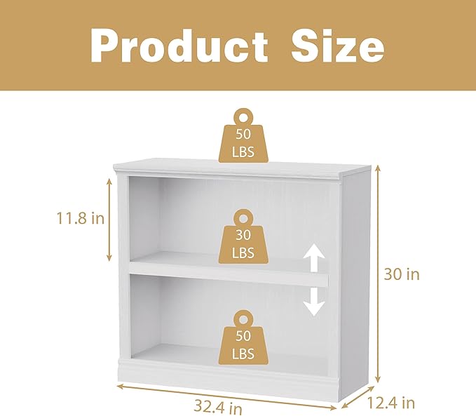 blini 2-Shelf White Bookcase Wooden Bookshelves 33in Wide Floor Standing Display Storage Shelves Oak Bookcase for Home Office, Living Room, Bed Room
