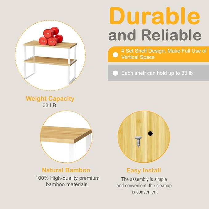 Cabinet Shelf Organizers, 15.7 inches Large Kitchen Counter Shelf, Set of 2 Wood Kitchen Pantry Organizer, Storage Shelves for Countertop, Spice Rack, Stackable, Expandable, Metal White, Nature