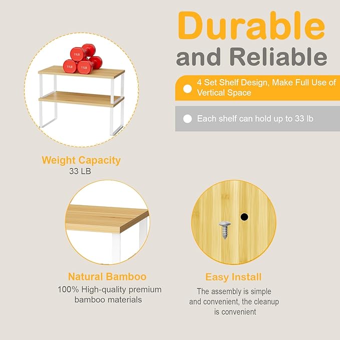 Cabinet Shelf Organizers, 15.7 inches Large Kitchen Counter Shelf, Set of 4 Wood Kitchen Pantry Organizer, Storage Shelves for Countertop, Spice Rack, Stackable, Expandable, Metal White, Nature