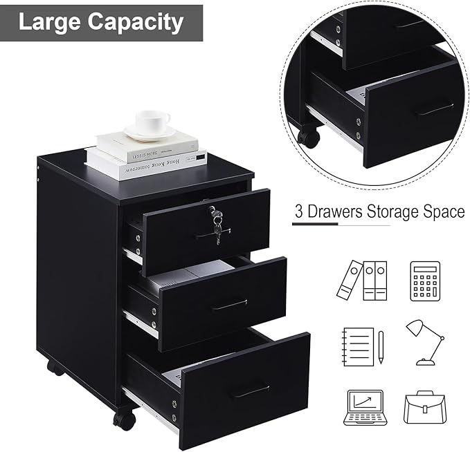 Mobile File Cabinet with Lockable Drawer, 3-Drawers Under Desk Storage Cabinet with 360°Swivel Wheels, Wooden Stationery Storage Cabinet for Legal/Letter/ A4 Documents (Black)