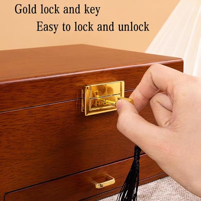 Bescott 3 Layer Solid Wooden Jewelry Box for Women Real Wood Vintage Jewelry Organizer Storage for Earrings Rings Necklaces Bracelet Watch Men