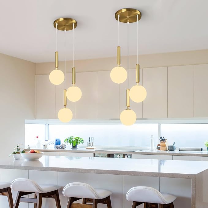Modern Gold Pendant Light Hanging Fixture Light for Kitchen Island Mid Century with Globe Pendant Light Milk White Glass Pendant Lighting for Living Room Bedroom Entryway (3 Lights)