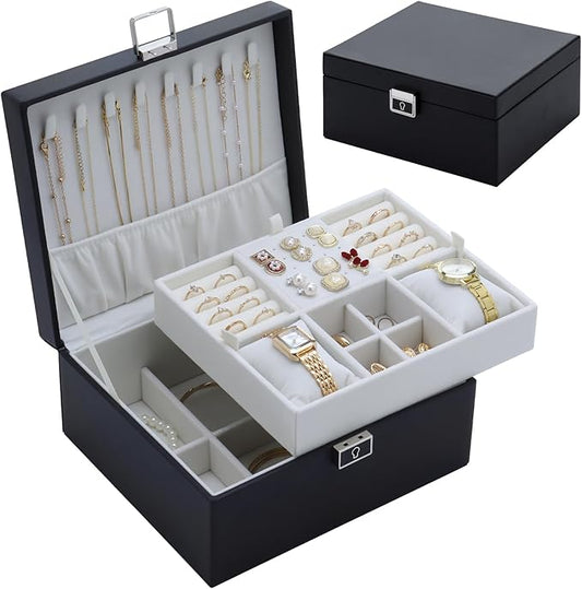 Jewelry Organizer Box for Girls Women,2 Layer Large Genuine Leather Jewelry Organizers and Storage with Lock Removable Velvet Jewelry Tray,Christmas Gifts for Mom,Black