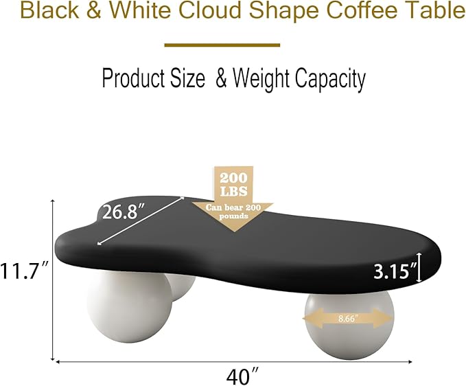 40 Inch Cloud Shaped Coffee Table with 3 Ball Legs for Living Room Black Top White Legs