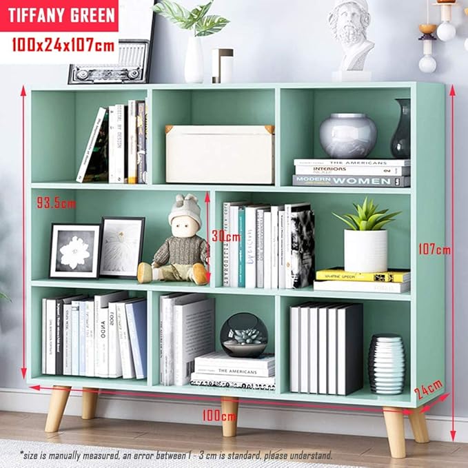 IOTXY Wooden Open Shelf Bookcase - 3-Tier Floor Standing Display Cabinet Rack with Legs, 8 Cubes Bookshelf, Tiffany-Green