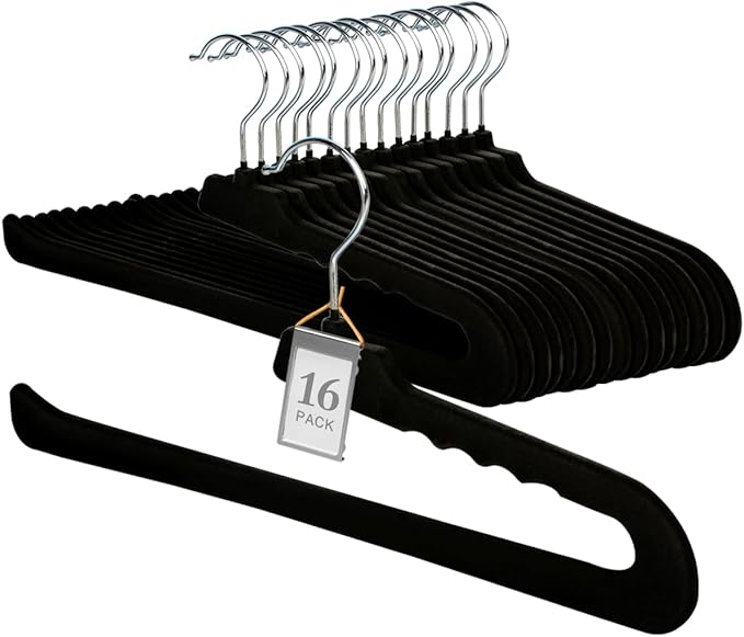 Velvet Pants Hangers,16 Pack Black Non Slip Felt Slack/Trouser Hanger,Slim & Sleek Heavy Duty Space Saving Closet Hanger with 360° Swivel Hook,Tank Top Hangers for Shorts,Jeans,Suit Pants,Towel