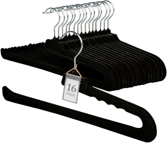 Velvet Pants Hangers,16 Pack Black Non Slip Felt Slack/Trouser Hanger,Slim & Sleek Heavy Duty Space Saving Closet Hanger with 360° Swivel Hook,Tank Top Hangers for Shorts,Jeans,Suit Pants,Towel