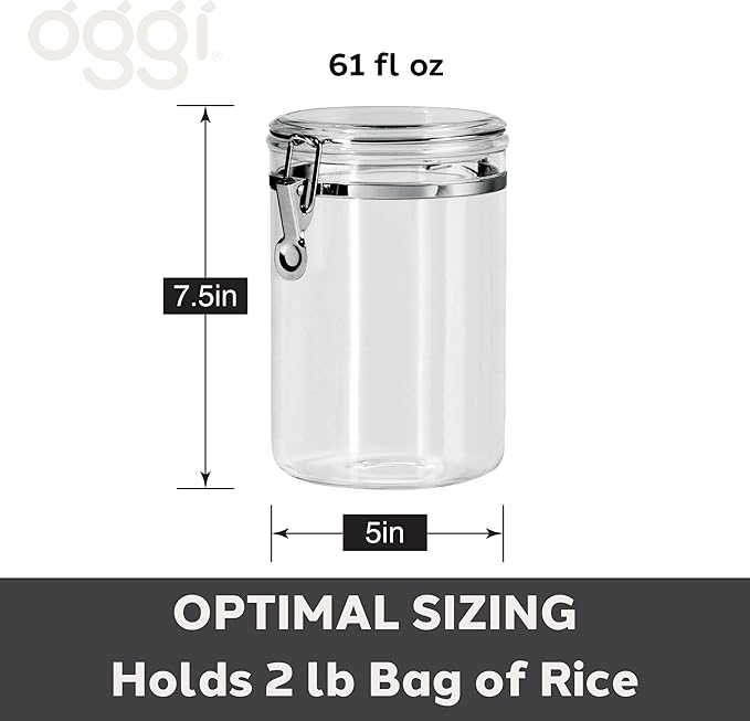 OGGI Medium-Sized Clear Canister with Clamp Lid, 61 oz - Large Airtight Food Storage Container, for Kitchen & Pantry Storage of Bulk, Dry Foods, Pasta, Flour, Sugar, Coffee, Rice, Tea, Spices & Herbs
