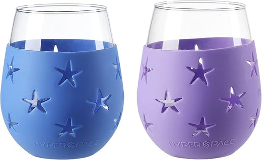 Hyperspace 20 OZ Stemless Wine Glass, Beverage Glass with Protective Silicone Sleeve (Blue & Purple Star)