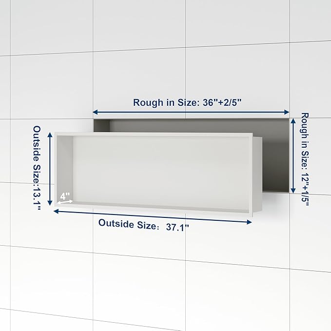 Stainless Steel Shower Niche 36" X 12", No Tile Needed Wall Niche, Recessed Shower Shelf for Bathroom Storage, Matte White