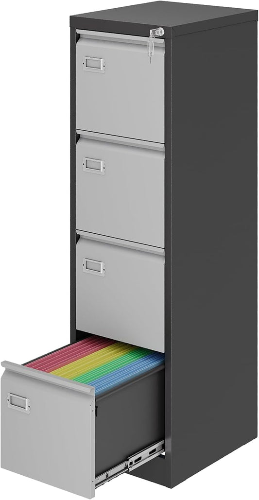 Vertical Small Filing Cabinet Steel Lockable Storage Cabinets for Home Office Hanging Letter/Legal/F4/A4 (4 Drawer, Black Gray)