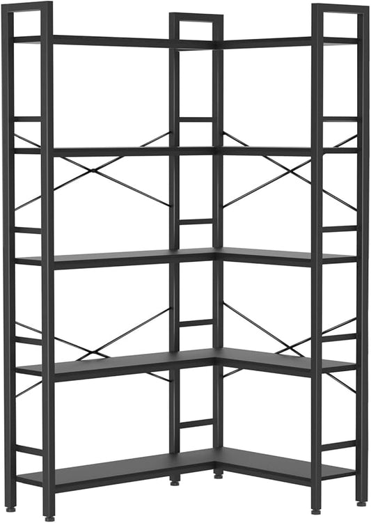 5-Shelf Corner Bookshelf, Large Open Shelf Bookcase,Black Metal Frame, L-Shaped Storage Rack with Cross Braces for Living Room Home Office