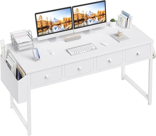 Lufeiya 47 Inch White Computer Desk with Fabric Drawers for Home Office Bedroom, Vanity Desk with Drawer Storage and Side Pouch, Study Writing Table, White