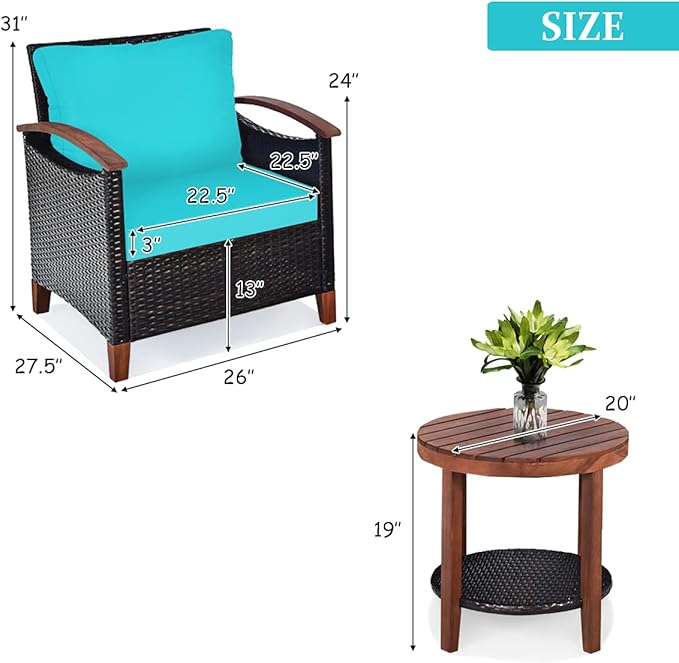 Tangkula 3 Pieces Patio Furniture Set, Outdoor Rattan Sofa and Side Table w/Solid Acacia Wood Frame, High Load Bearing Conversation Bistro Set w/Washable and Removable Cushions (Turquoise)