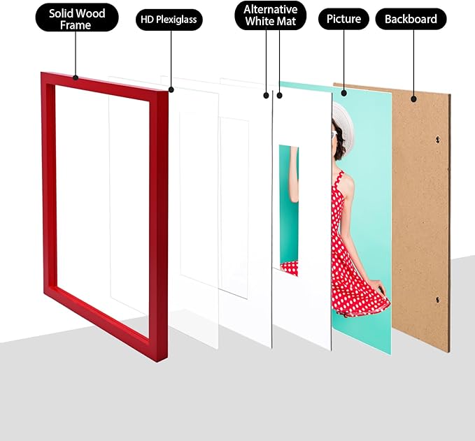 KINLINK 12x16 Picture Frame Red, Solid Wood Frames with Acrylic Plexiglass for Pictures 11x14/9x12 with Mat or 12x16 without Mat, Wall Display Photo Frame, Set of 4