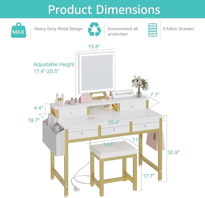 White Makeup Vanity Desk with Lights - 40 inch Girls Vanity Set with Mirror and Chair, Make Up Dresser Table with Drawers and Power Outlet for Bedroom Small Space, White and Gold