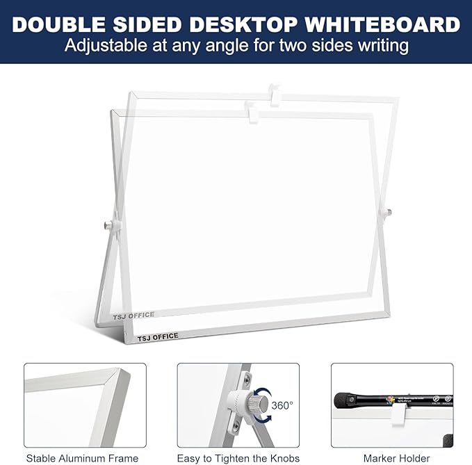 TSJ OFFICE Dry Erase White-Board - 12 X 16 Inches Portable Small Magnetic White Board with Hooks for Wall, Mini Desktop Whiteboard 360 Degrees Revolving Double Sided Stand for Office, Home, School