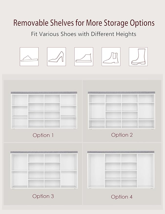 DINZI LVJ Shoe Storage Bench with Cushion, 14-Cubby Shoe Rack, Adjustable Shelves, Multifunctional Shoe Organizer Bench for Entryway, Mudroom, Hallway, Living Room, Bedroom and Garage, White