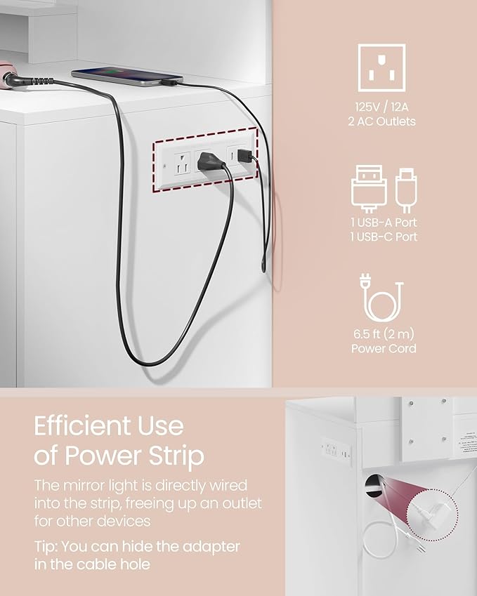 VASAGLE Vanity Desk with Mirror and Lights, 35.4-Inch Wide Makeup Vanity with Upholstered Vanity Stool, Power Outlets, Dimmable LED Lights, Storage Drawer, for Bedroom, Cloud White URDT128W01