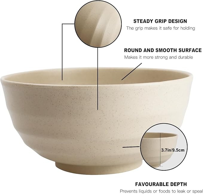 Homienly Wheat Straw Bowl Set, Large Cereal Bowls 6 PCS, Salad Bowls, Large Soup Bowl,Serving Bowl for Kitchen, Picnic, RV, Camping, 60 OZ Microwave and Dishwasher Safe Big Bowl Set- Beige