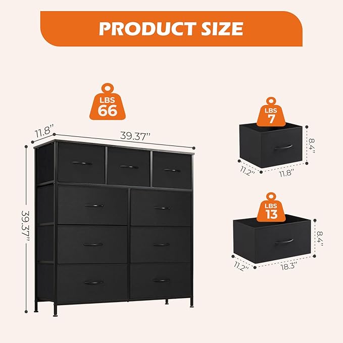 Sweetcrispy Dresser with 9 Drawers for Bedroom, Fabric Dresser Storage Tower, Chest of Drawers Organizer Unit, Storage Cabinet for Hallway, Closets, Steel Frame, Wood Top