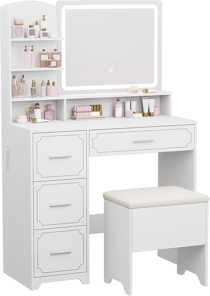 Vanity Table with LED Mirror & Power Outlet - 5 Open Shelves, 4 Drawers - Includes Padded Stool - Ideal Bedroom Makeup Dressing Table （White）