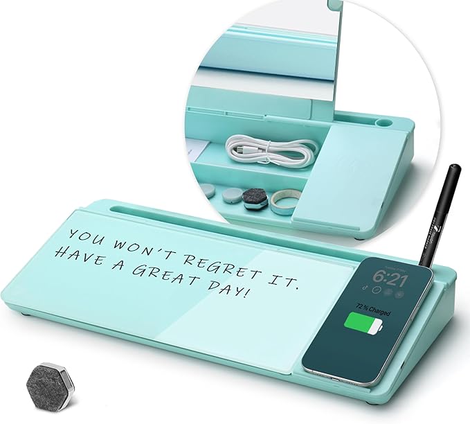 TOWON Desktop Glass Whiteboard with Charger Pad, Whiteboard for Desk with Charging Station, Desk Buddy Dry Erase with Charger for Home Office, Dry Erase Computer Desk Notepad, Teal Blue, 17 x 6 Inches